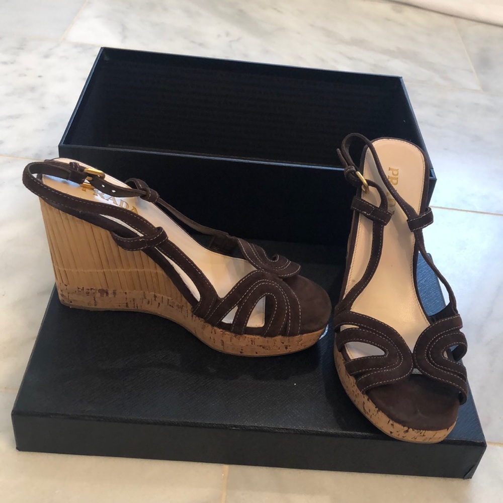 Prada wedges suede with cane and cork heel